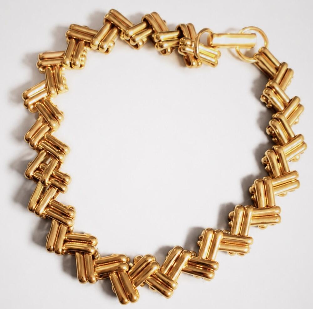Vintage Bracelet Gold-tone Zig-zag Links, 7" Long,‎ Shiny Retro H2323 gbr-2